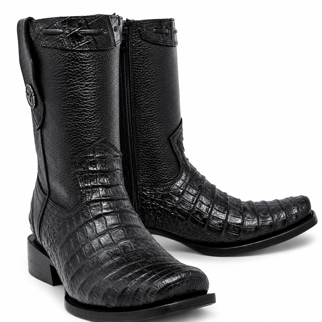 MEN'S CAIMAN BELLY PRINT LEATHER DUBAI TOE BOOTS BLACK COLOR - LA CARRETA