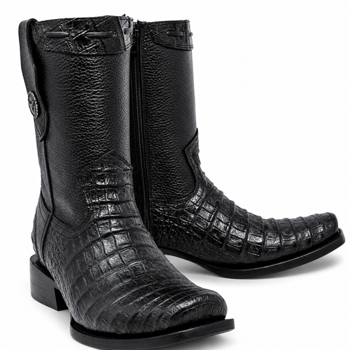 MEN'S CAIMAN BELLY PRINT LEATHER DUBAI TOE BOOTS BLACK COLOR - LA CARRETA