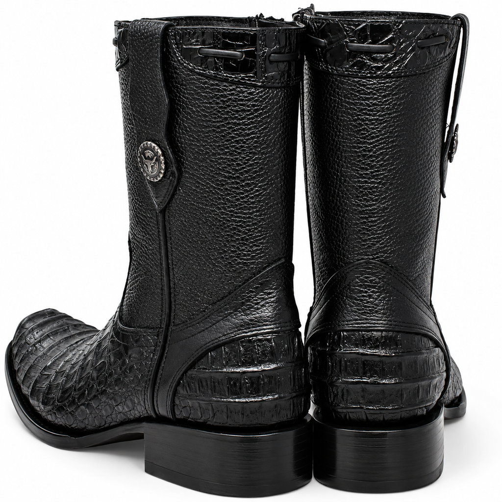 MEN'S CAIMAN BELLY PRINT LEATHER DUBAI TOE BOOTS BLACK COLOR - LA CARRETA