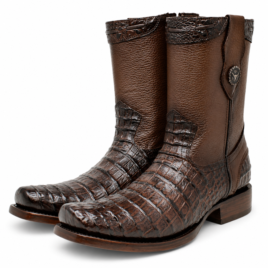 MEN'S CAIMAN BELLY PRINT LEATHER DUBAI TOE BOOTS BROWN COLOR - LA CARRETA