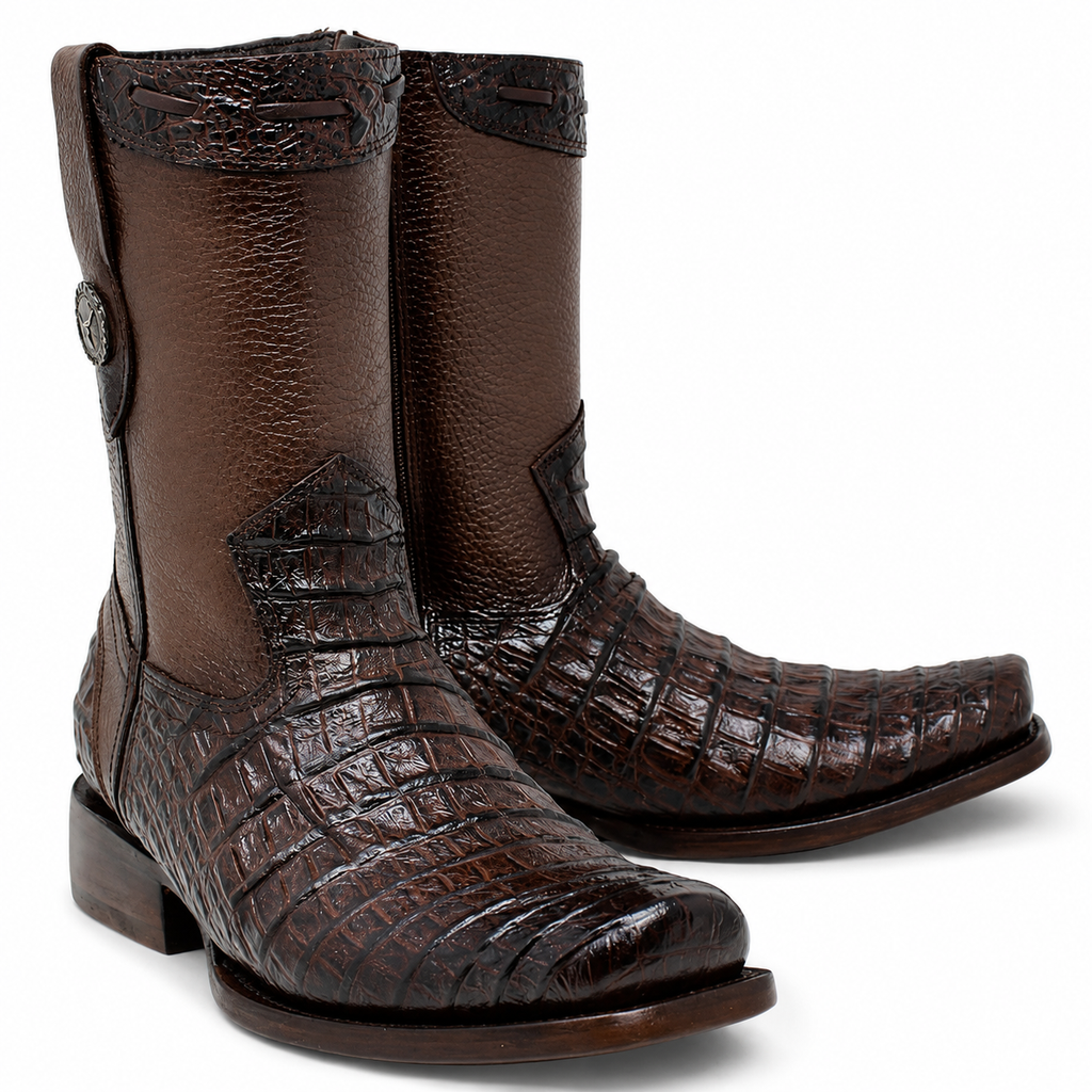 MEN'S CAIMAN BELLY PRINT LEATHER DUBAI TOE BOOTS BROWN COLOR - LA CARRETA