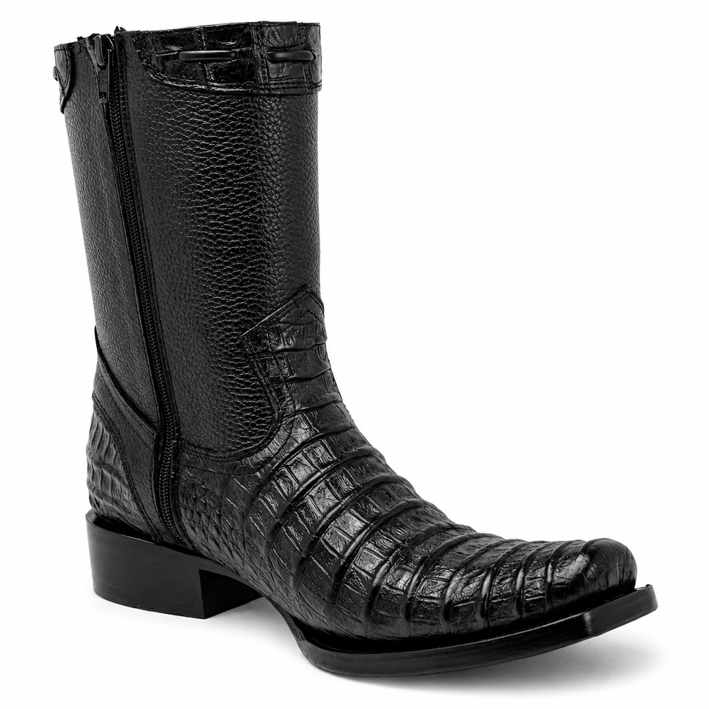 MEN'S CAIMAN BELLY PRINT LEATHER DUBAI TOE BOOTS BLACK COLOR - LA CARRETA