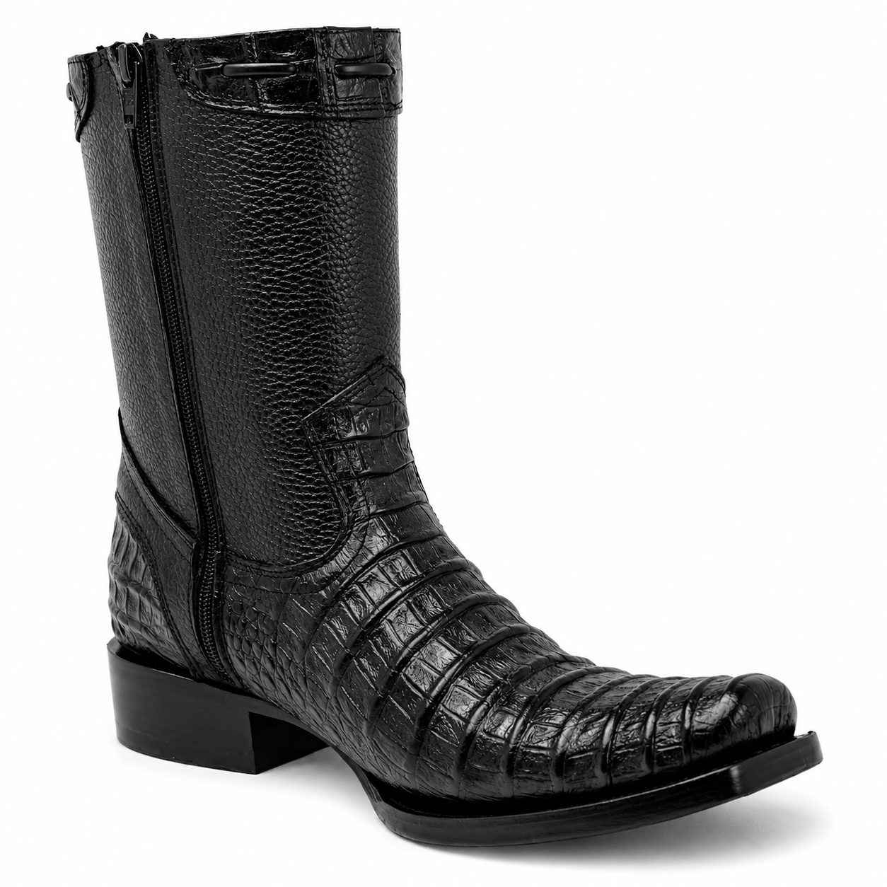 MEN'S CAIMAN BELLY PRINT LEATHER DUBAI TOE BOOTS BLACK COLOR - LA CARRETA